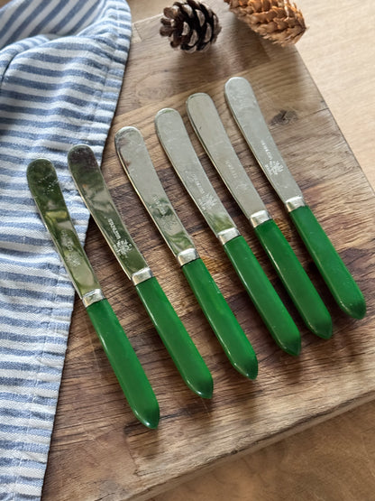 Vintage 1950s Stainless Steel Scotia Butter Knives with Green Bakelite Handles (Set of 6)