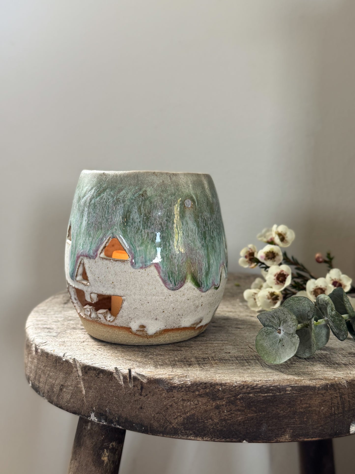Lavendon Pottery Drip Glaze Pumpkin Candle Holder | Studio Pottery Jack-o’-Lantern