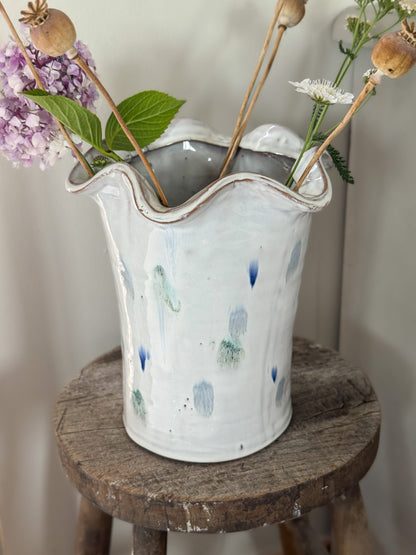 Large Studio Pottery Scalloped Vase with Painterly Blue Glaze