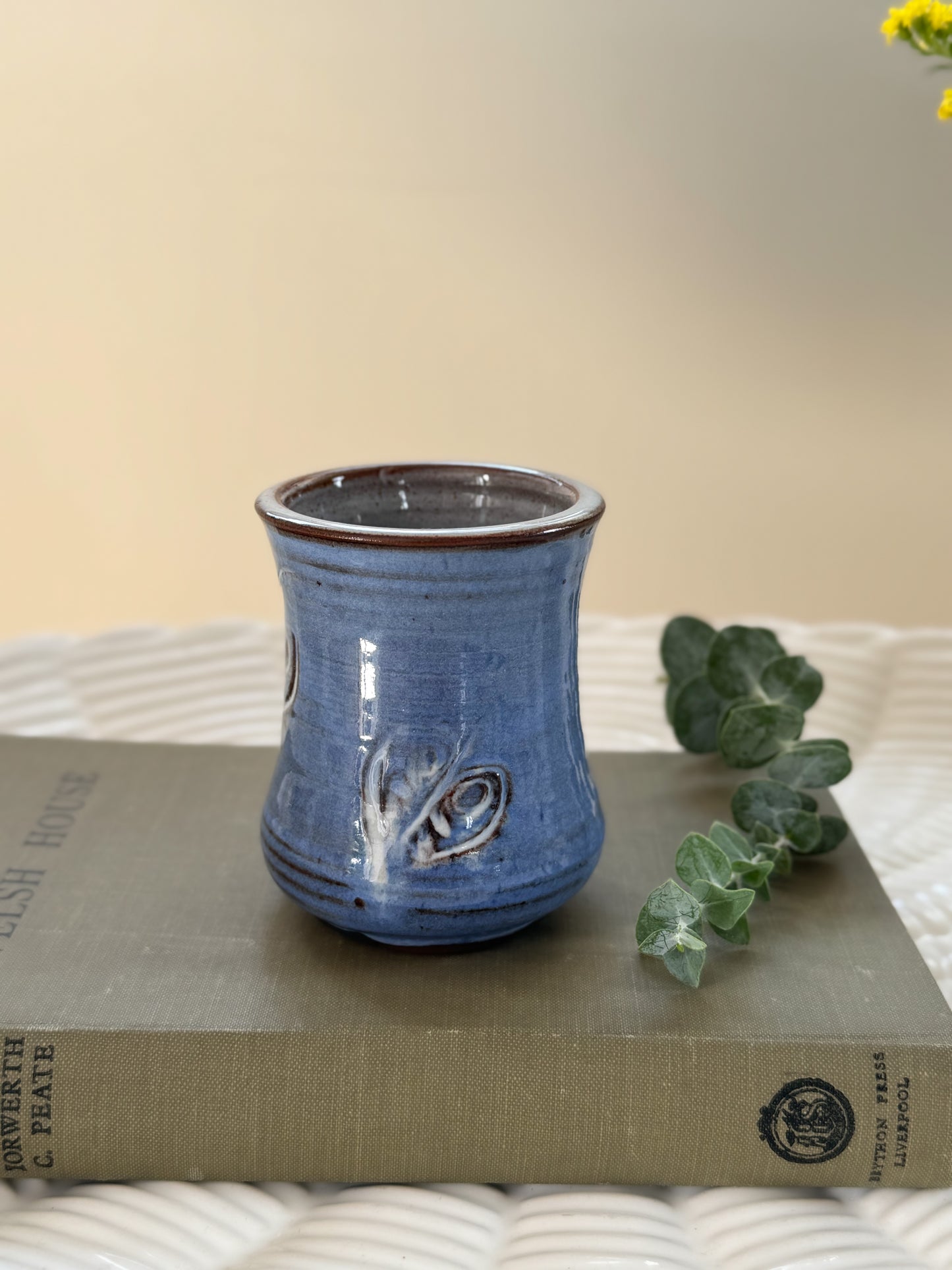 Vintage Buckfast Abbey Pottery Pen Pot - Blue Glaze with Leaf Details