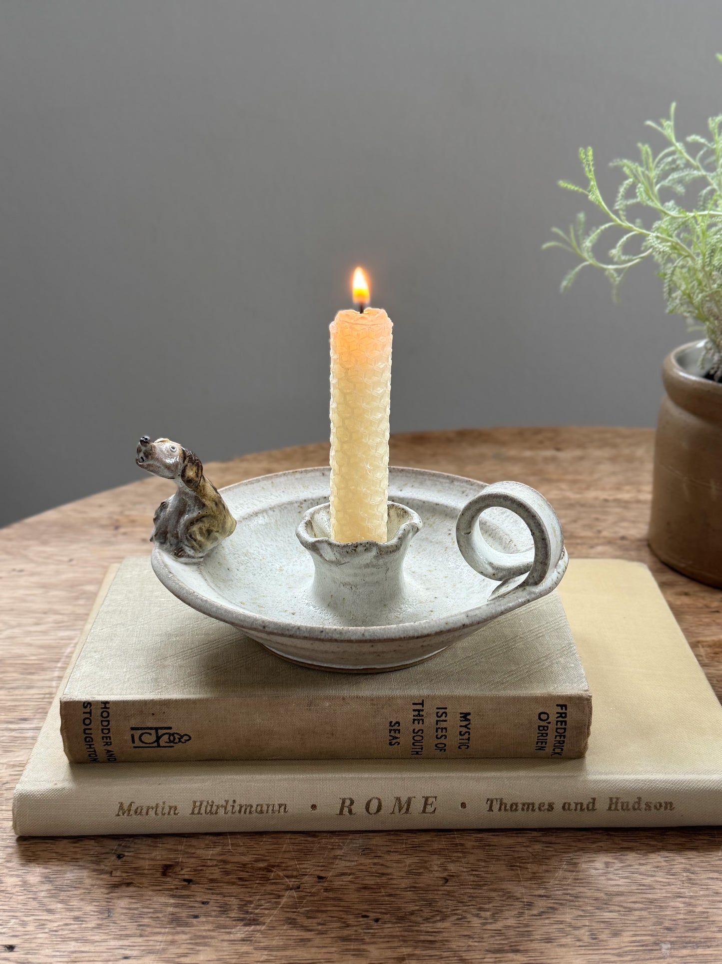 Vintage Studio Pottery Chamberstick with Little Dog