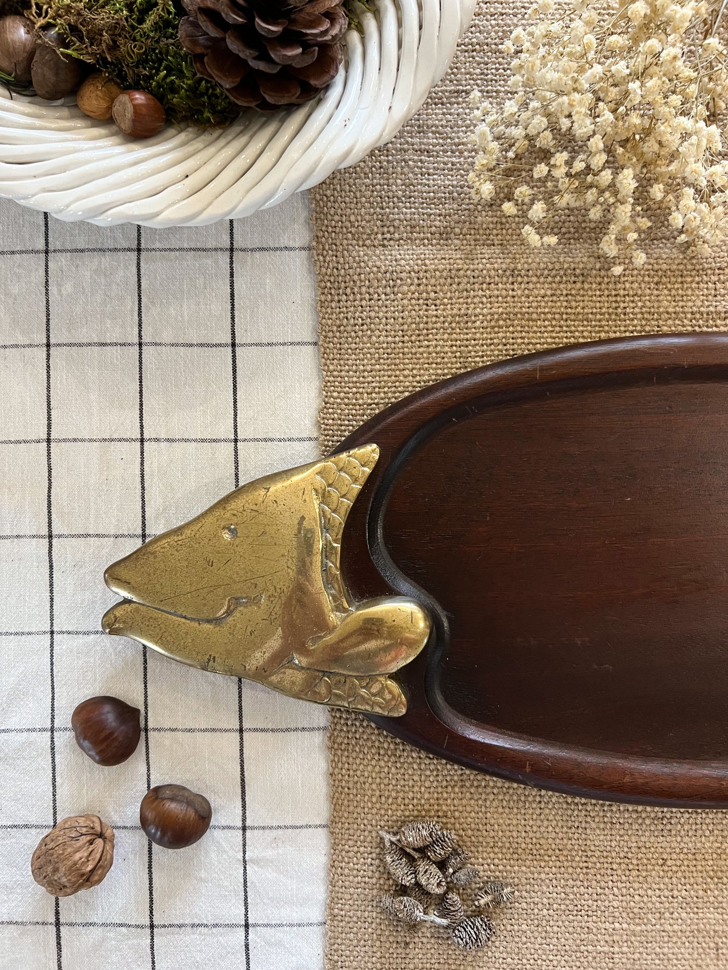 1950s French Mahogany & Brass Fish Shaped Serving Platter