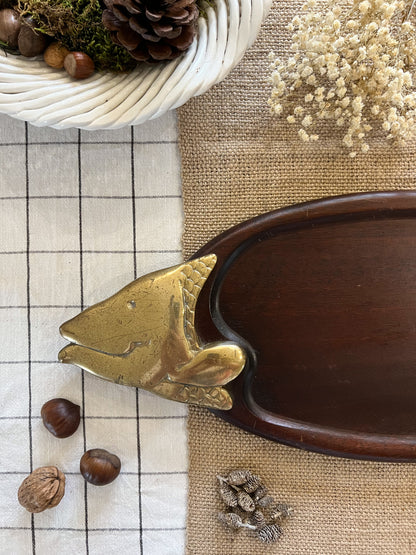 1950s French Mahogany & Brass Fish Shaped Serving Platter