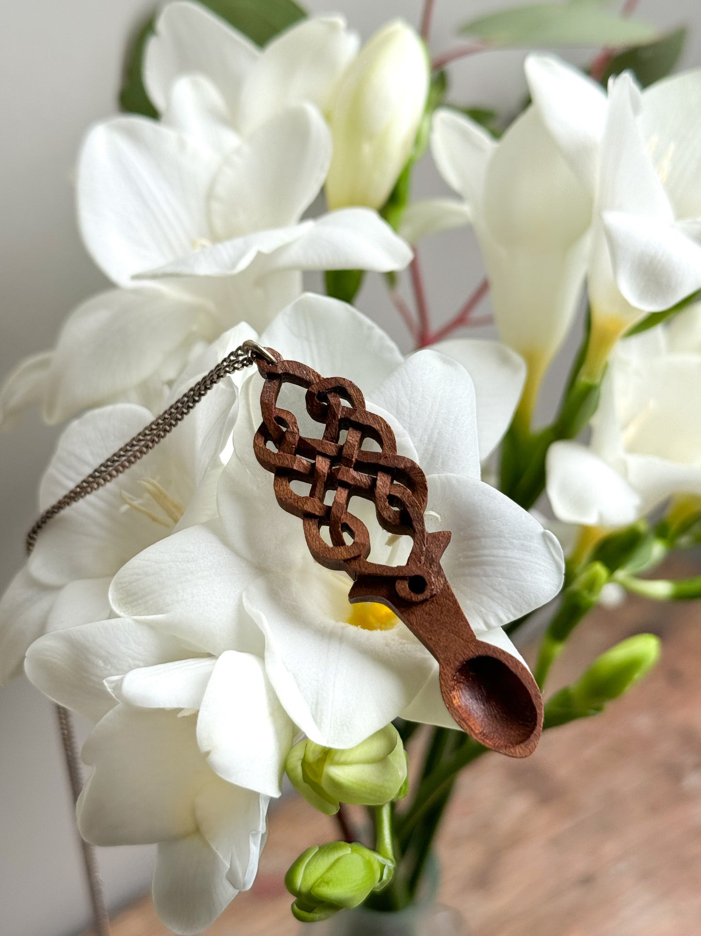 Vintage Carved Wooden Welsh Love Spoon Necklace