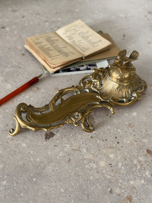 Antique Victorian Brass Inkwell with Ceramic Insert and Bird Detail