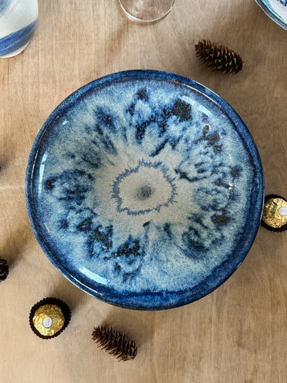 Large Vintage Studio Pottery Bowl with Abstract Blue Glaze – Signed ‘JB’