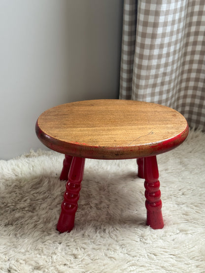 Vintage Midcentury Red Painted Handmade Wooden Stool - Made in Yugoslavia