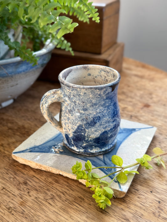 Studio Pottery Flat White Mug, Mottled Blue Sea Glaze