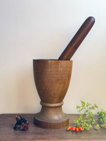 Large Hand-Turned Solid Wood Pedestal Pestle & Mortar