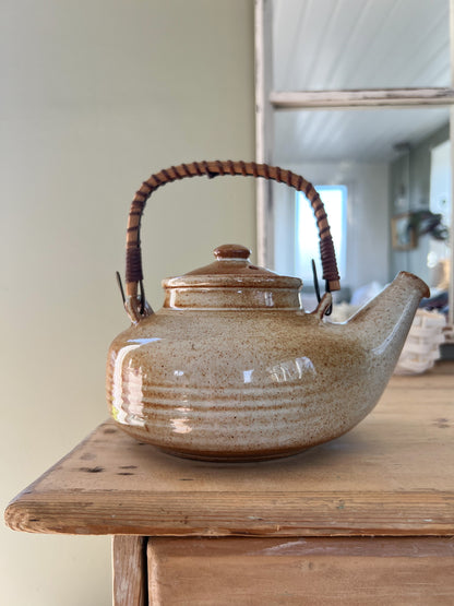 Vintage French Studio Pottery Wicker Handled Teapot