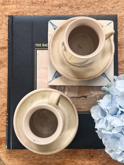 Vintage Pair of Hand-Thrown Studio Pottery Mugs & Saucers by Stanion Pottery