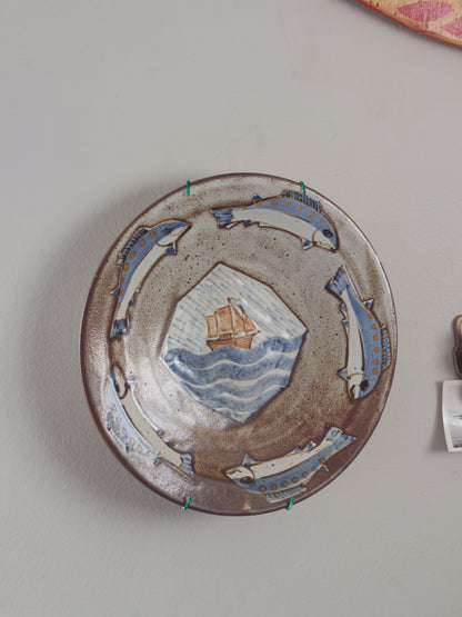 Rare Vintage Andrew McGarva Studio Pottery Fish & Sailing Ship Wall Plate