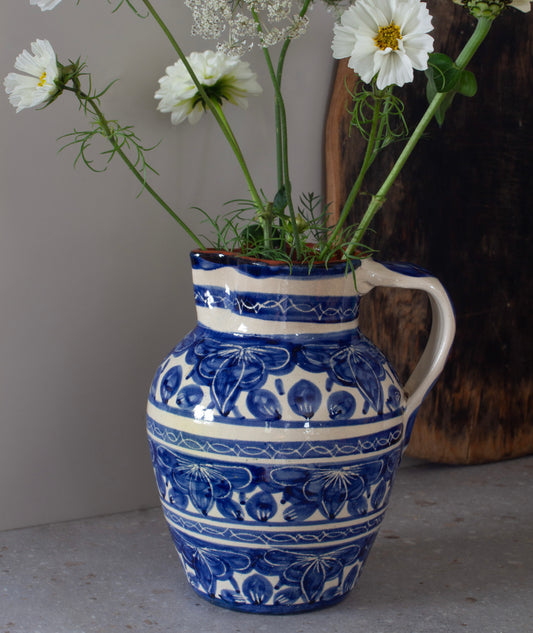 Large Vintage Portuguese Blue & White Floral Pottery Jug, Agostinho, Portugal