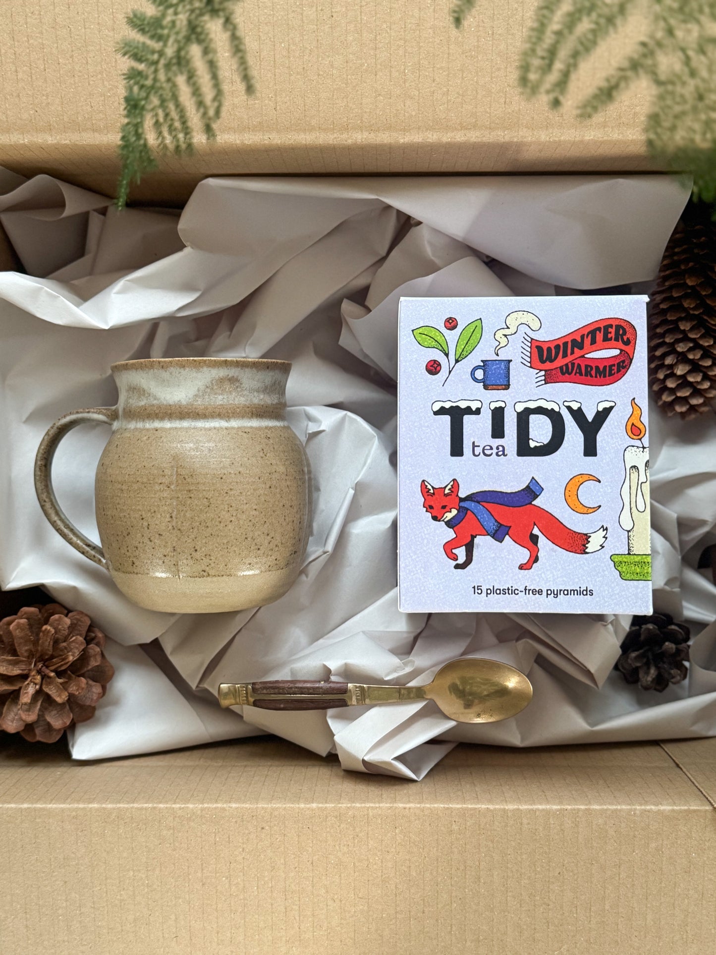 Tea Ritual Gift Set No. 3 -Sand Glaze Mug + Brass Spoon + Welsh Winter Warmer Tea