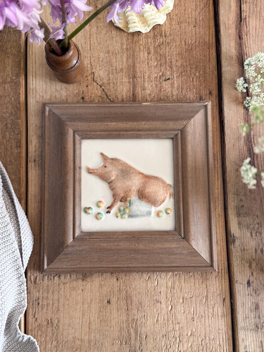 Vintage Hand-Painted ‘Naughty Piglet’ Majolica Marlborough Framed Tile