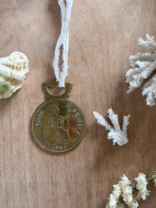 Vintage Solid Brass Coin Decoration with Silk Ribbon - 1967 One Penny