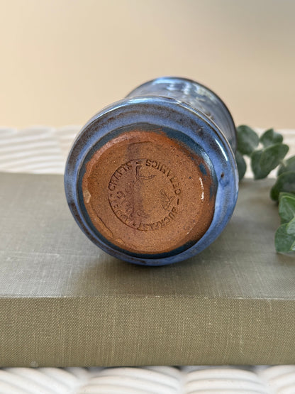 Vintage Buckfast Abbey Pottery Pen Pot - Blue Glaze with Leaf Details