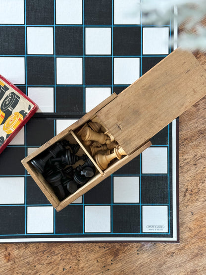 Vintage 1960s J.W Spear & Sons Leather Folding Chess Board with Chess Pieces & Melamine Draughts | Game Set