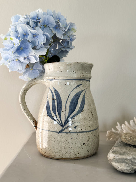 Vintage Large Studio Pottery Jug with Abstract Blue Leaf Design