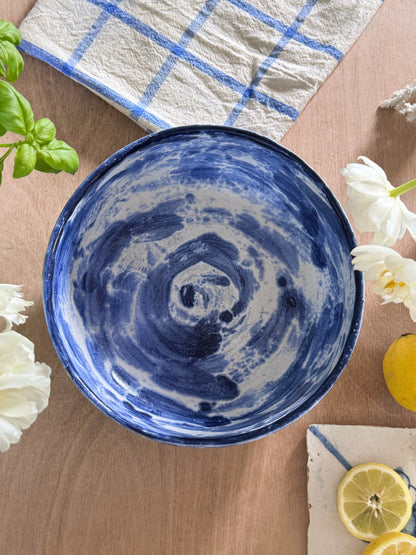 Vintage Folk Art Cobalt Blue Brushstroke Studio Pottery Fruit Bowl