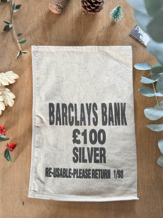 Vintage 1970s Barclays Bank Fabric Money Bag (Cream) | Reusable Gift Bag | Stocking