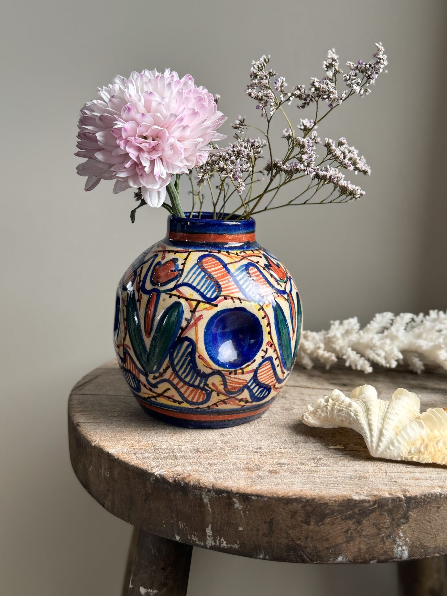 Vintage Hand-Painted Mediterranean Studio Pottery Pinched Bud Vase