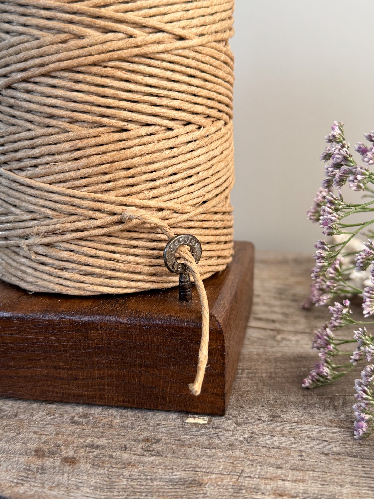 Handmade Wood and Iron Twine Stand with Antique Key & Upholsterer’s Thread