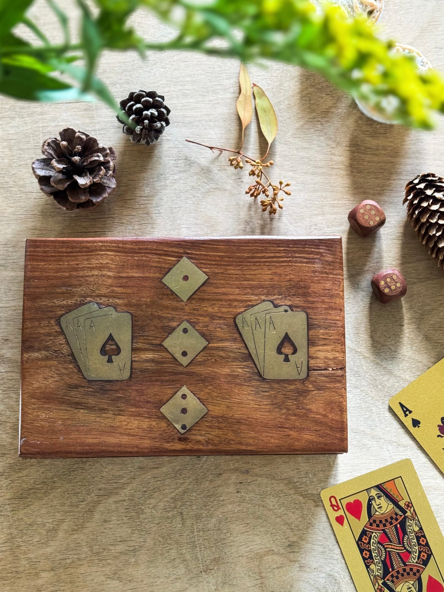 Vintage Wood & Brass Inlay Playing Cards Box with Dice and Cards