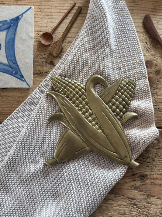 Rare Vintage Midcentury Solid Brass Corn on The Cob Trivet