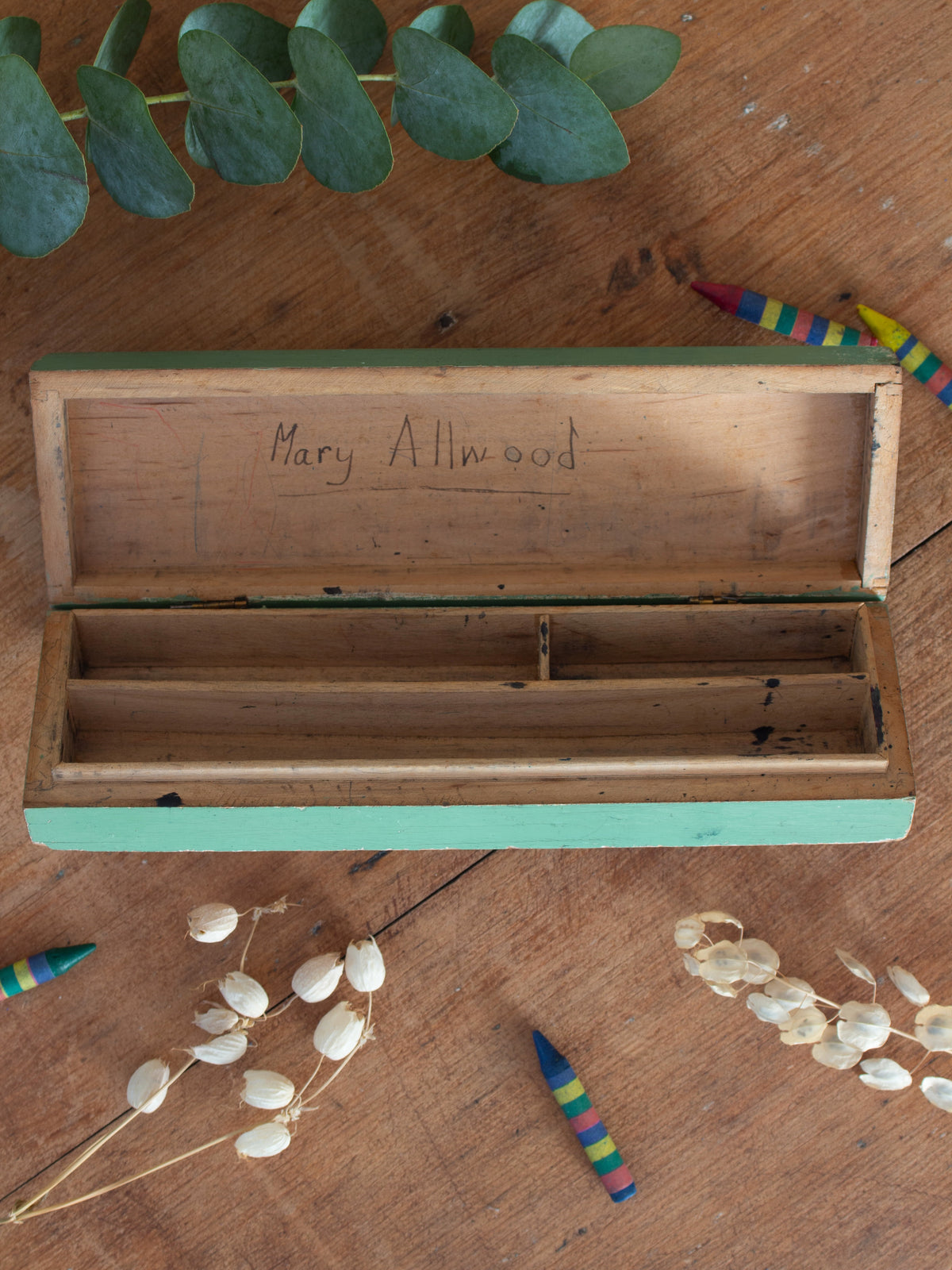 Vintage 1950s Handpainted Folk Art Wooden Pencil Case | Mary Allwood’s Pencil Box