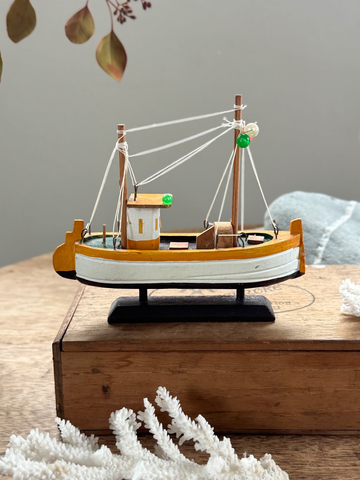 Vintage Handmade & Hand-Painted Wooden Fishing Boat (Yellow & White)