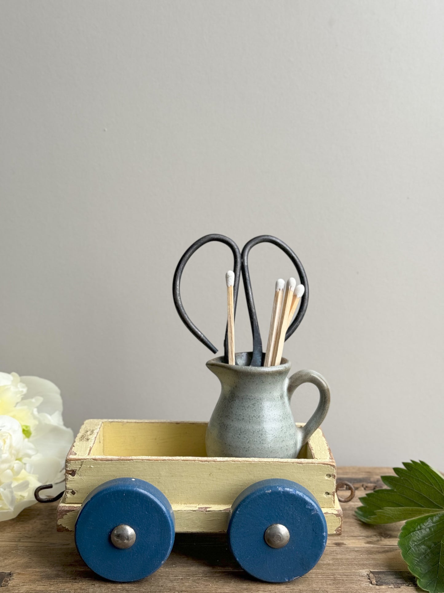 Vintage 1950s Wooden Toy Cart - Cream