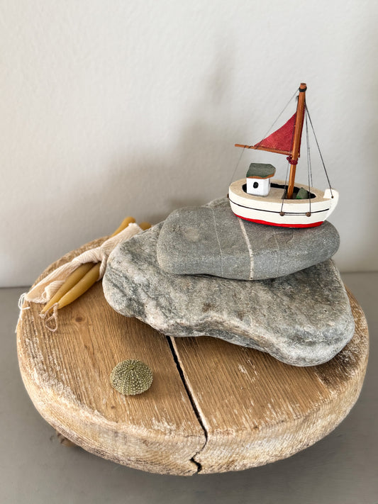 Vintage Handmade Wooden Sailing Boat (Red Sail)