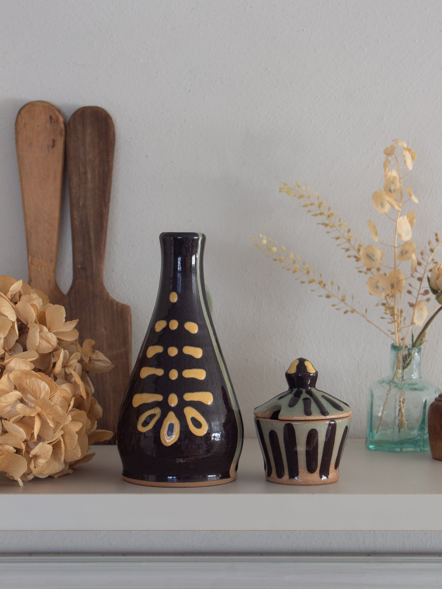 Vintage Slipware Cruet Set | Vinegar & Salt