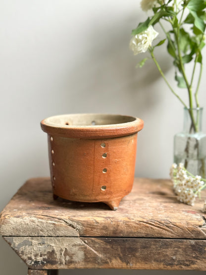 Antique French Glazed Earthenware Pedestal Cheese Strainer • Colander