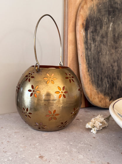 Large Vintage Brass Floral Cut-Out Lantern