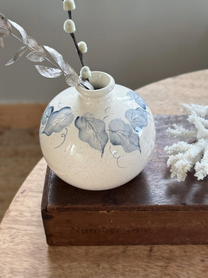 Vintage Studio Pottery Ink-Bottle Vase with Soft Blue Leaf Design
