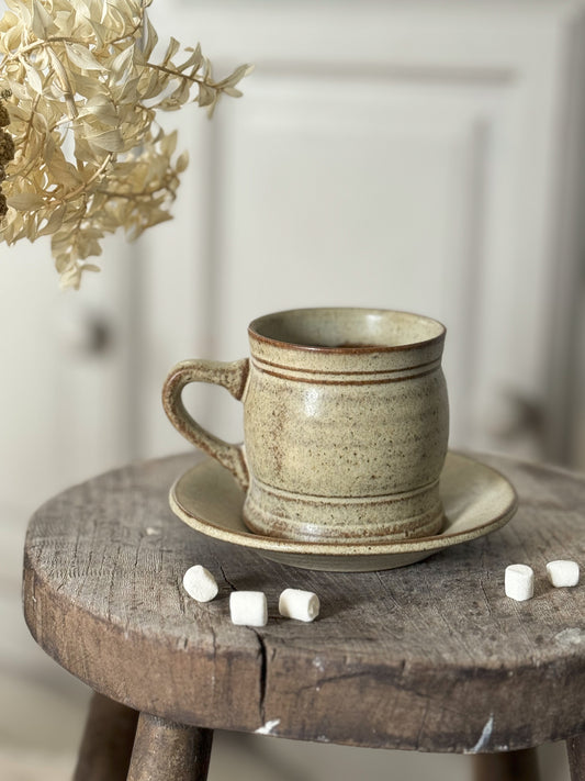 Vintage Studio Pottery Cream Textured Mug & Saucer