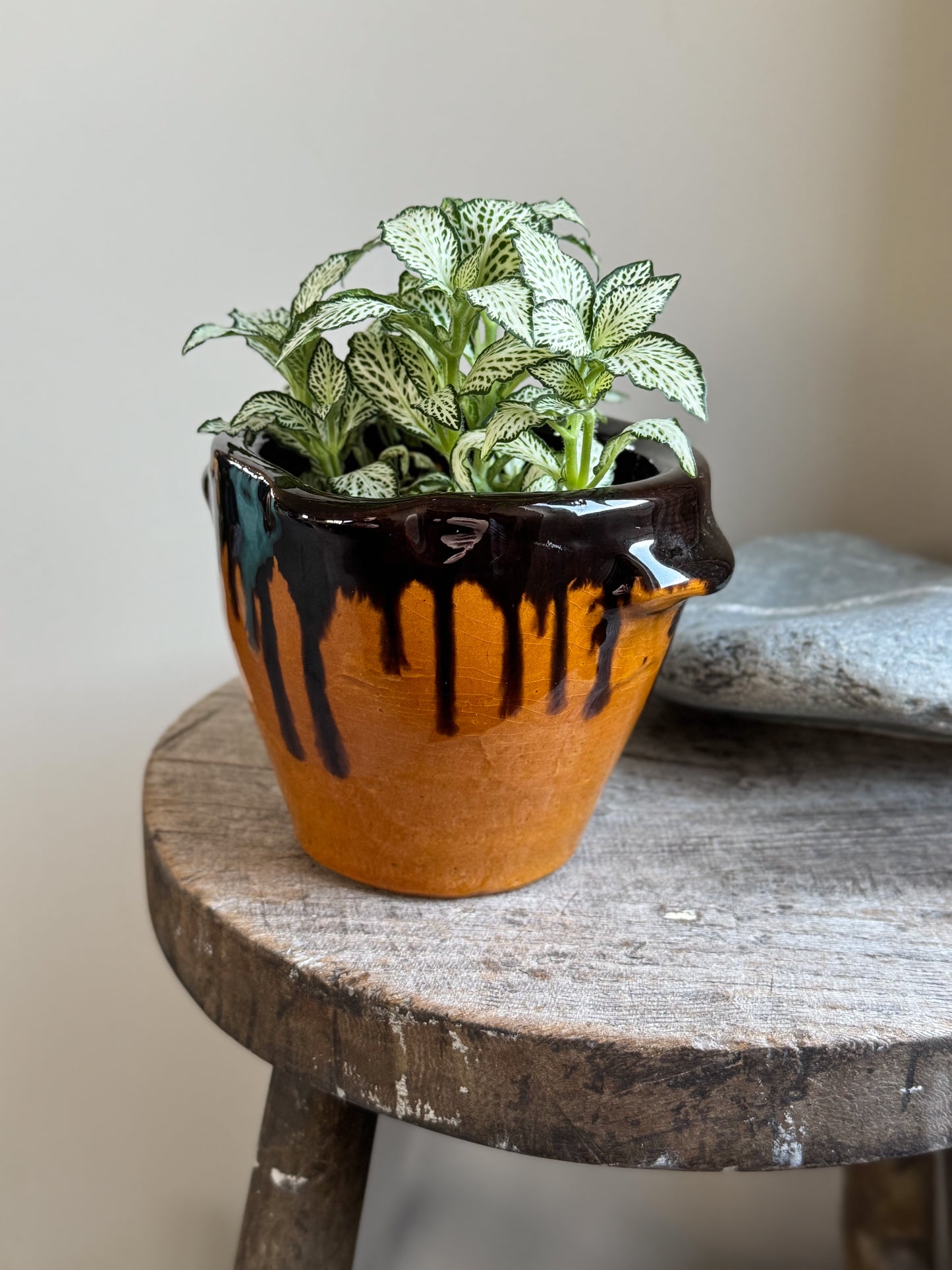 Antique Slipware Drip-Glaze Pot with Handles & Pouring Spout
