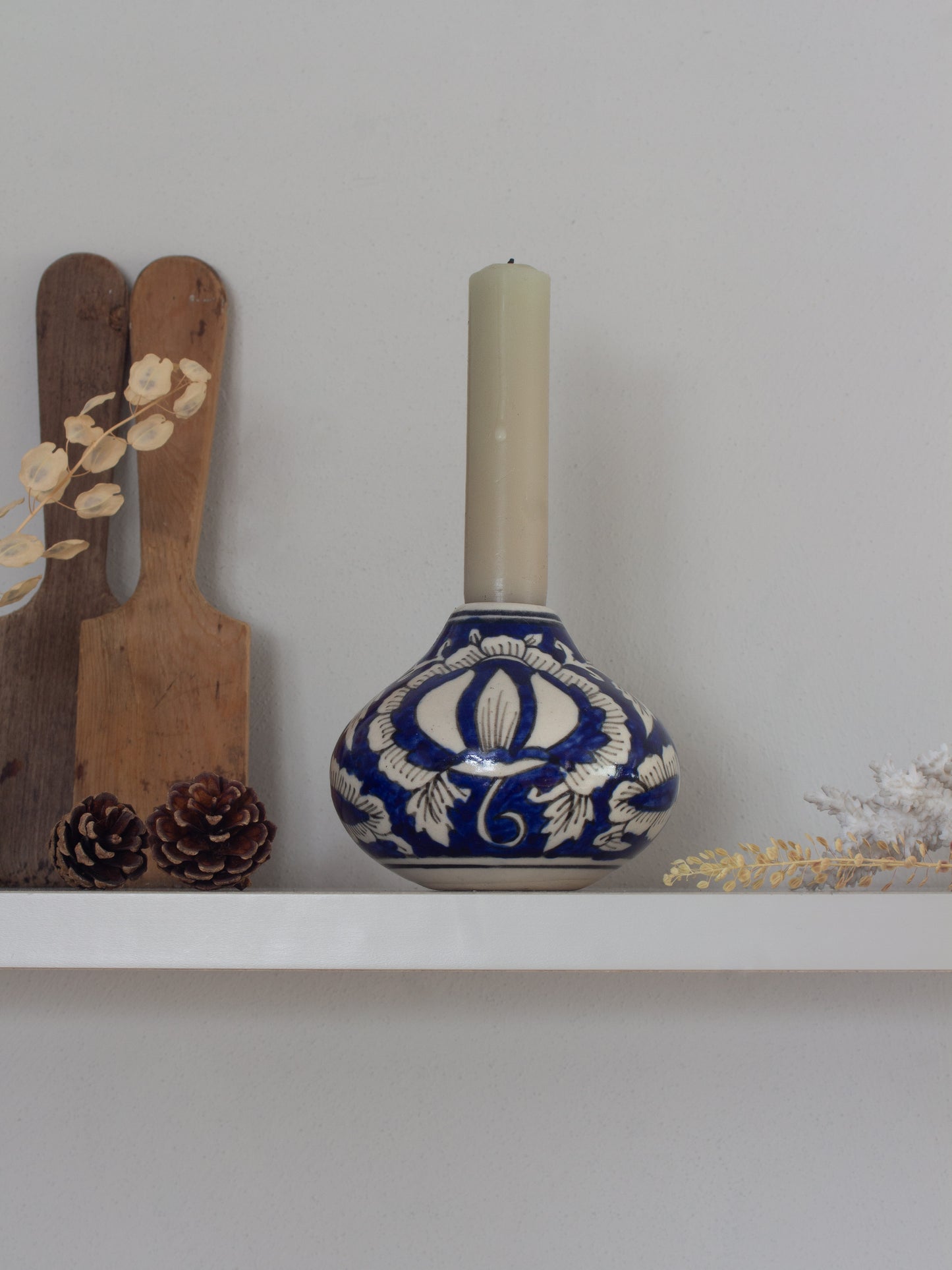 Vintage Thai Hand-Painted Blue & White Studio Pottery Bud Vase / Candle Holder