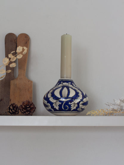 Vintage Thai Hand-Painted Blue & White Studio Pottery Bud Vase / Candle Holder