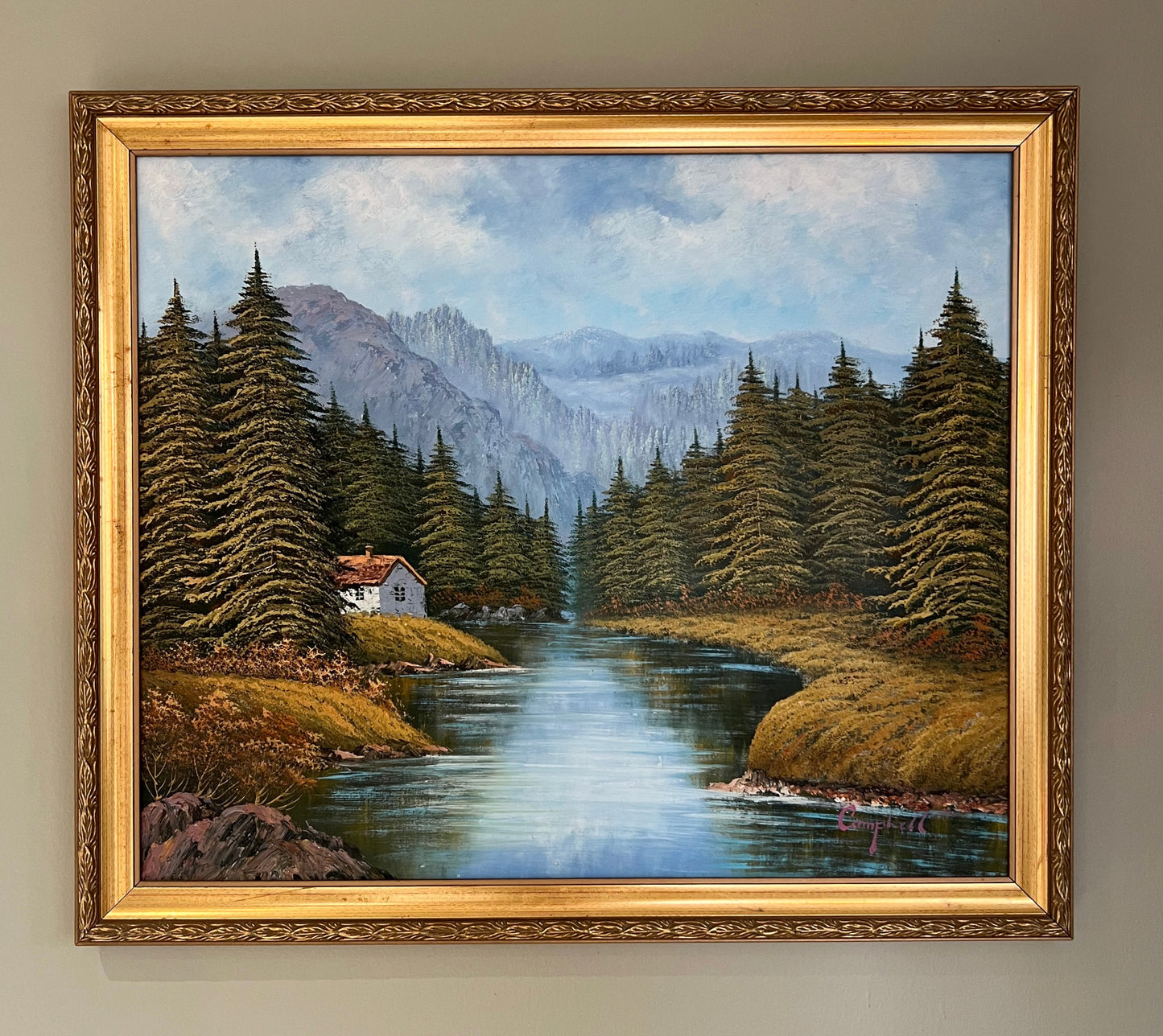 Framed Oil on Canvas, Riverside Cottage, Signed Campbell
