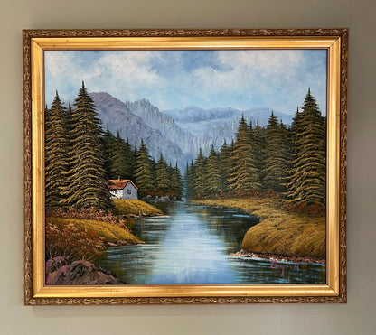Framed Oil on Canvas, Riverside Cottage, Signed Campbell