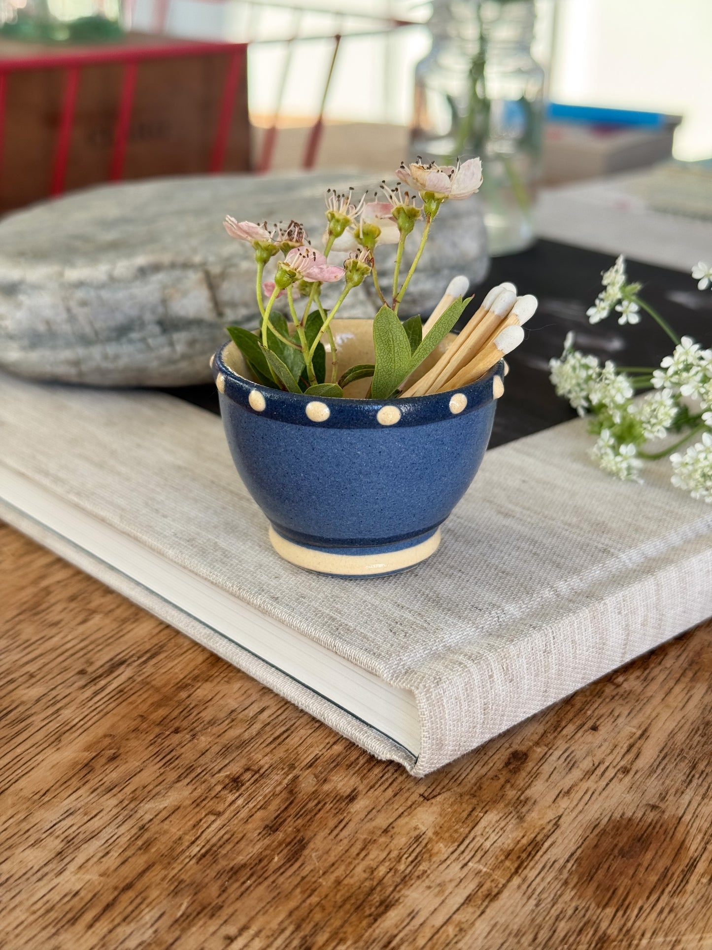 Tiny German Studio Pottery Bowl – Cobalt Blue with Dotted Rim