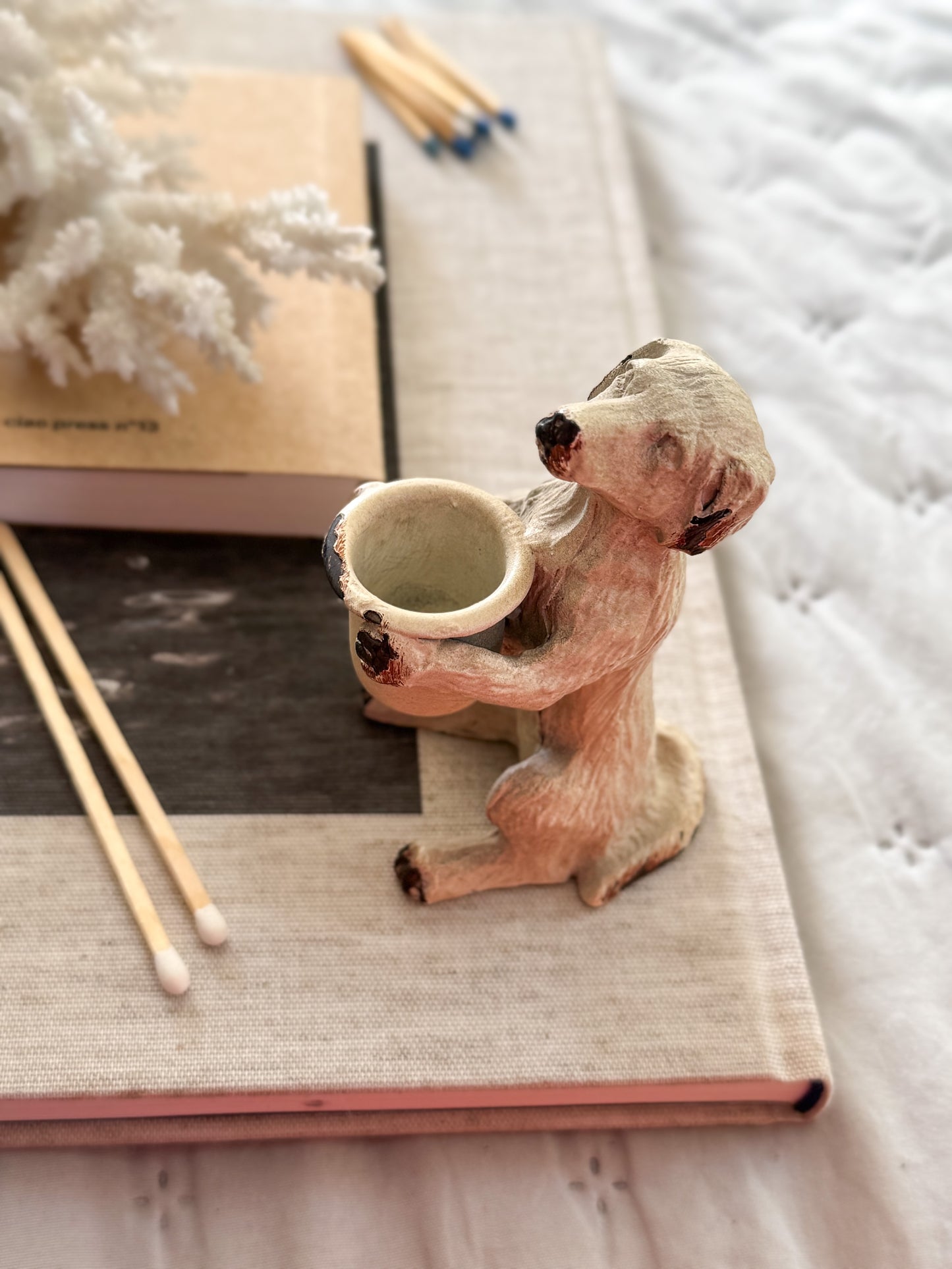 Vintage 1940s–1950s Handpainted Cast Iron Dog Candleholder / Match Holder