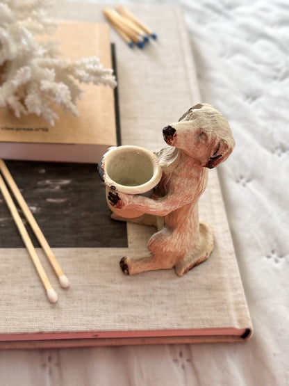 Vintage 1940s–1950s Handpainted Cast Iron Dog Candleholder / Match Holder