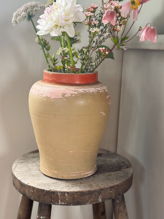 Vintage Mediterranean Earthenware Jar with Weathered Pink & Red Patina