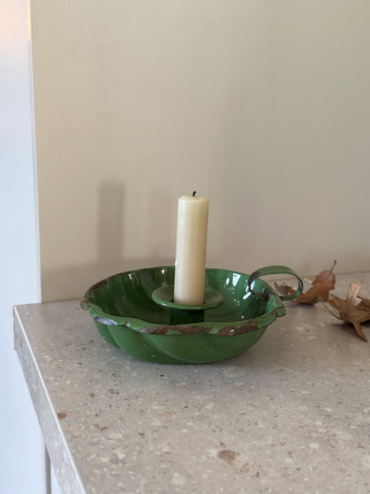 Vintage French Enamel Chamberstick - Deep Green, Scalloped Edge