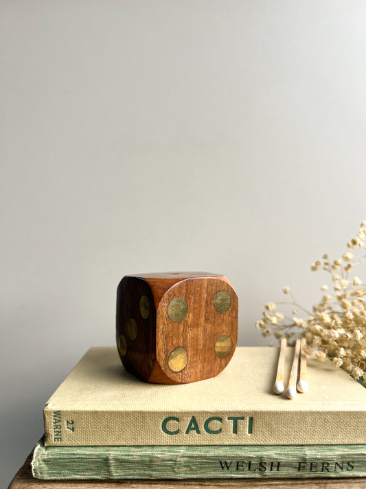 Vintage Teak & Brass Large Decorative Die