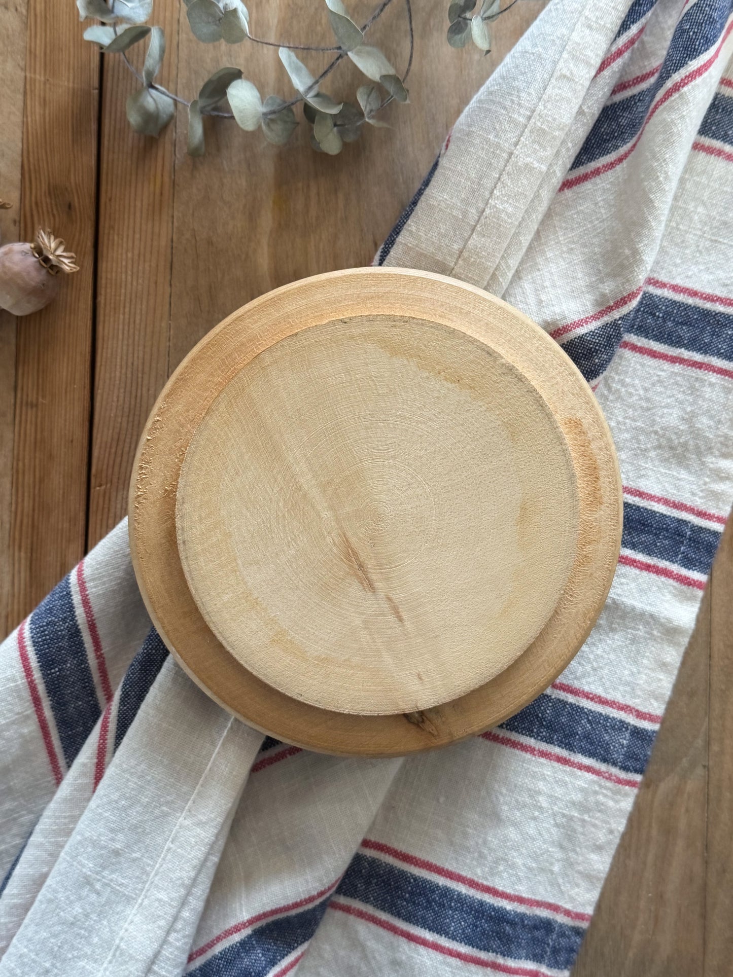 Vintage Hand-Turned Wooden Butter Dish with Glass Insert